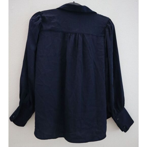 Banana Republic Women Petite Sz S Preppy Navy L/S Silky Collar Blouse - Picture 2 of 7